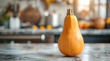 Close-up of a pumpkin on a wooden table photo