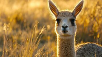 A close-up of an alpaca in a field. photo