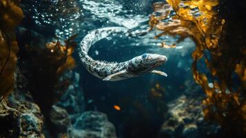 A large sea creature swimming through kelp photo