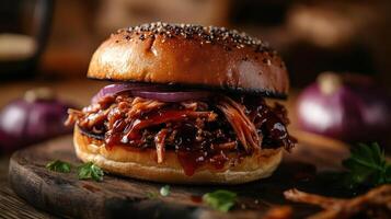 Bbq pulled pork sandwich on a bun with onions and pickles photo