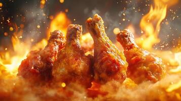 Chicken wings on fire with flames and smoke photo