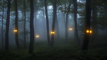A foggy forest with lights in the trees photo