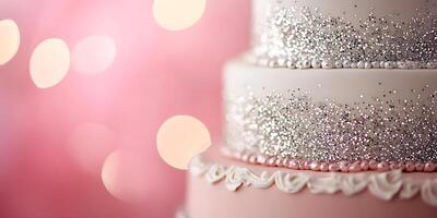 A close up of a pink and white wedding cake photo