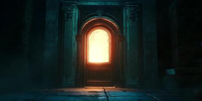 The door to a dark room with a light shining through it photo