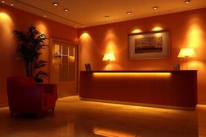 A lobby with a reception desk and a chair photo