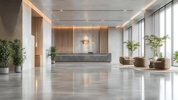 Modern office lobby with large windows and a reception desk photo