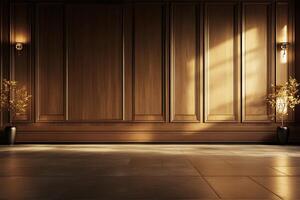 An empty room with wooden paneling and a vase of flowers photo