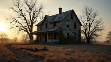 Crumbling country home in open fields photo