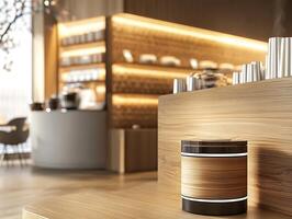 A wooden table with a coffee machine and a wooden shelf photo
