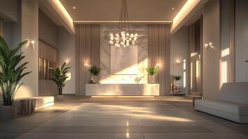 A modern lobby with a chandelier and a large table photo