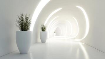 White hallway with two planters in the middle photo