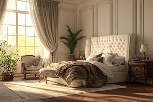 A bedroom with a bed, chair, and a window photo