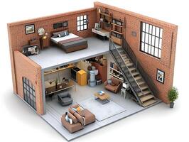 A 3d model of a small apartment with stairs and furniture photo