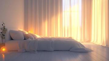 A bedroom with a bed and a lamp photo