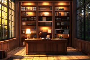 A desk and a lamp in a room with a bookcase photo