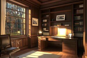A desk and chair in a room with a window photo