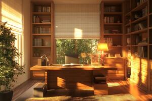 A desk with a lamp and a bookcase photo