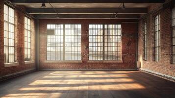 An empty room with windows and wood floors photo