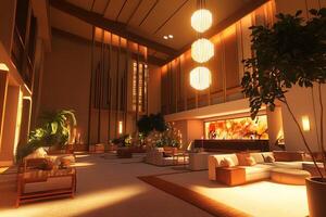 A large lobby with a bar and a lot of plants photo