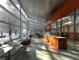 A large open office with lots of windows and lots of desks photo