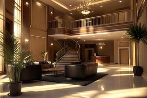 A large lobby with a staircase and a large staircase photo