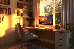 A desk with a computer and a chair in front of a window photo