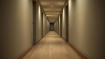 A long hallway with wooden floors and light coming from the ceiling photo