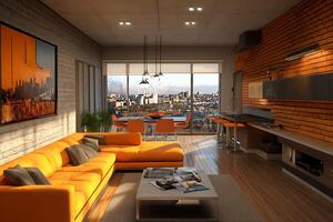 A living room with a couch, a table, and a view of the city photo