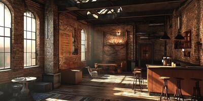 A brick building with a bar and stools photo