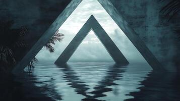 A triangle shaped building with water in the background photo