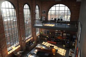 A loft with a large window and a large desk photo
