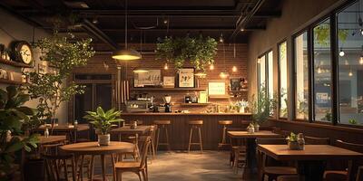 A restaurant with tables and chairs in front of a window photo