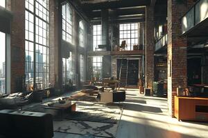 A large open room with lots of windows and furniture photo