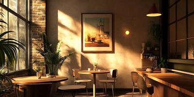 A restaurant with a table and chairs in front of a window photo