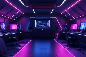 A futuristic computer room with purple lights photo