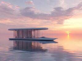 A floating house in the ocean at sunset photo