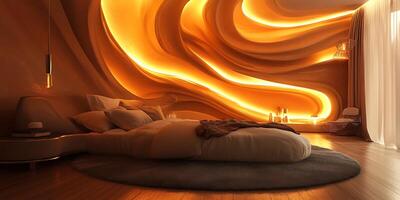 A bedroom with a bed and a wall with a light photo