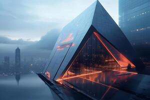 A futuristic building with a large triangular shape photo