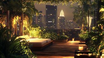 A view of a city at night with a view of a bed photo