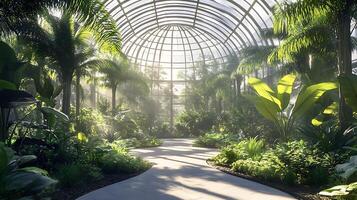 A tropical garden with a walkway and palm trees photo