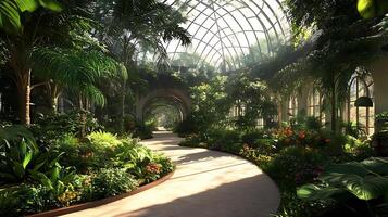 A tropical garden with a walkway and plants photo