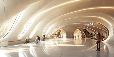 People are walking through a large building with curved walls photo