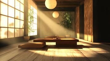 A room with a table and a lamp on the floor photo