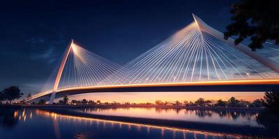 A bridge over a river at dusk with lights on it photo