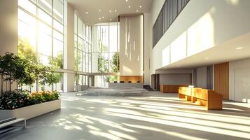 A large lobby with a large window and a large plant photo