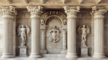 The columns are made of stone and have statues on them photo