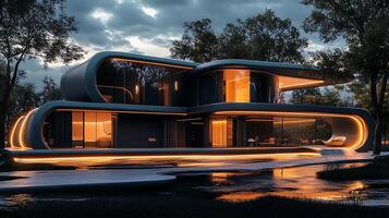 A futuristic house with glowing lights photo