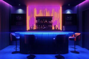 A bar with neon lights and bar stools photo
