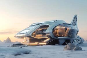 A futuristic spaceship in the middle of a snowy field photo