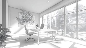 3d rendering of a modern office with large windows photo